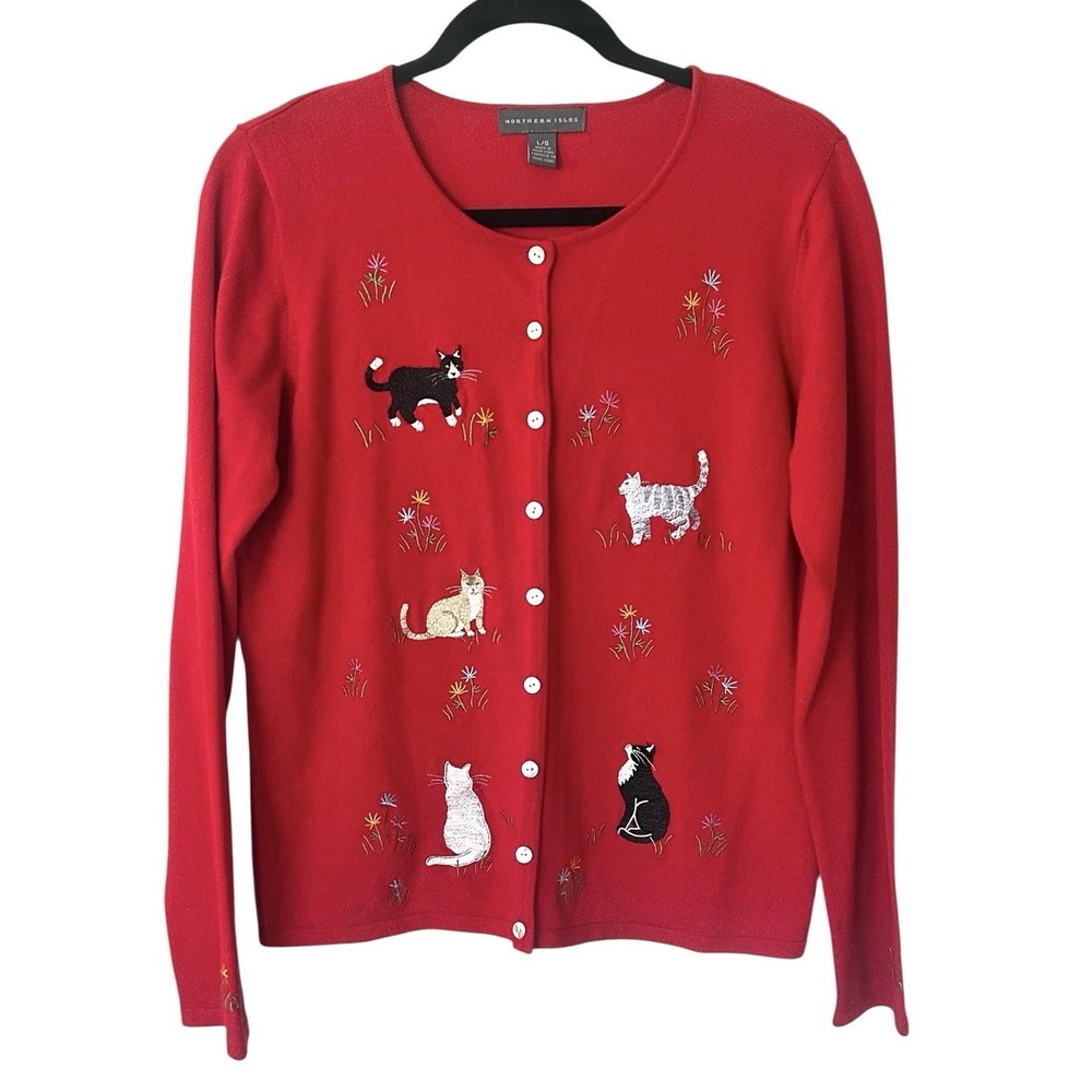 Vintage Northern‎ Isles Cardigan Sweater Red Embroidered Cats Whimsy Large